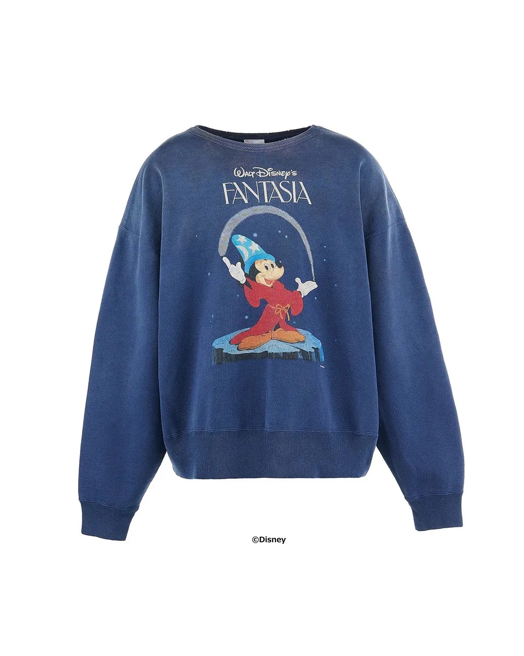 SAINT M×××××× Disney FANTASIA DNF_CREW N SWEAT/FANTSIA Mickey distressed sweatshirt, washed blue S-XL Assute dyed ready-made clothing, oxidation and fading, multiple washes to make the old wormhole damage treatment, simulated sun fading treatment, natural fading, customized Disney cooperation wash mark, correct main mark